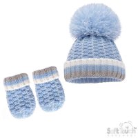 H648-B-SM: Blue Ribbed Hat & Mittens (0-12m)